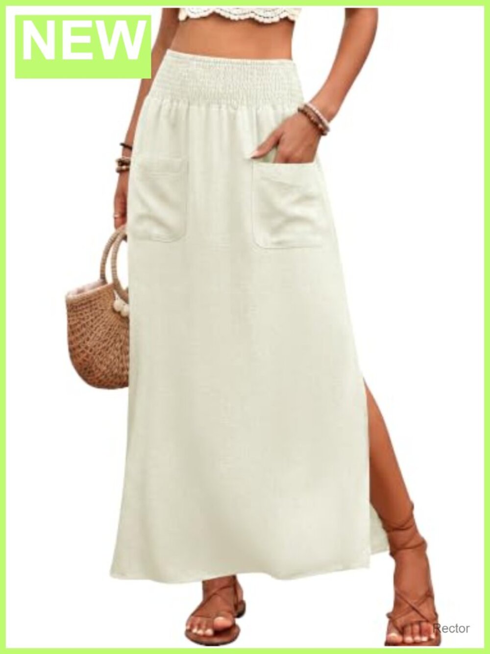Women's Linen Maxi Skirt High Waist Side Slit Flowy Long Skirt with Pockets
